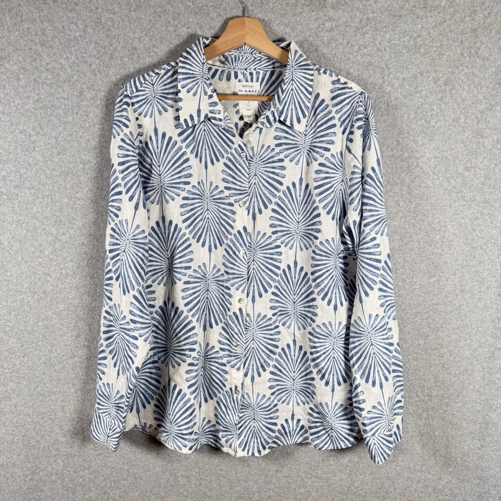 Joie linen button up womens XL white blue long sleeve mother pearl button shirt
